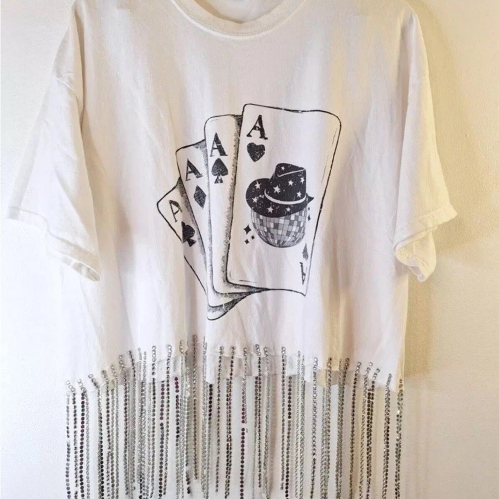 White Graphic Tee with Playing Cards and Fringe